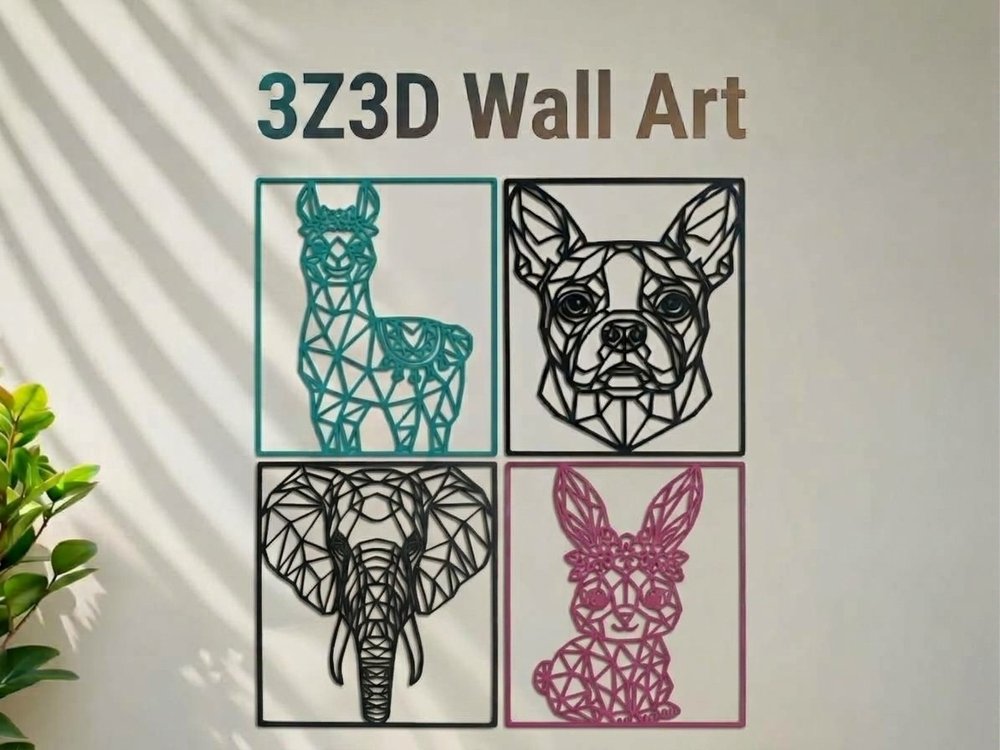 3Z3D Wall Art: geometric llama, French bulldog, elephant and bunny wall art on a wall