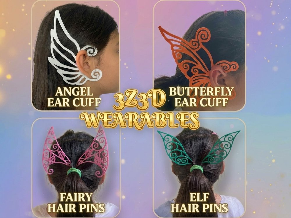 3Z3D Wearables: angel and butterfly ear cuffs, fairy and elf hair pins, worn